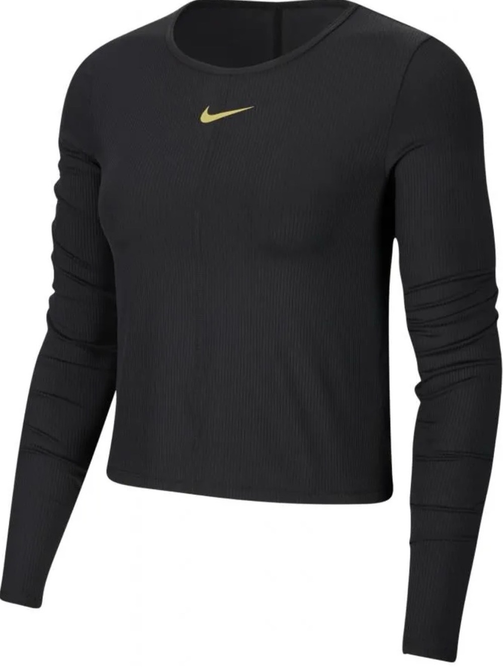 Nike Black Ribbed Long-Sleeve Cropped Crew Top with Gold Swoosh